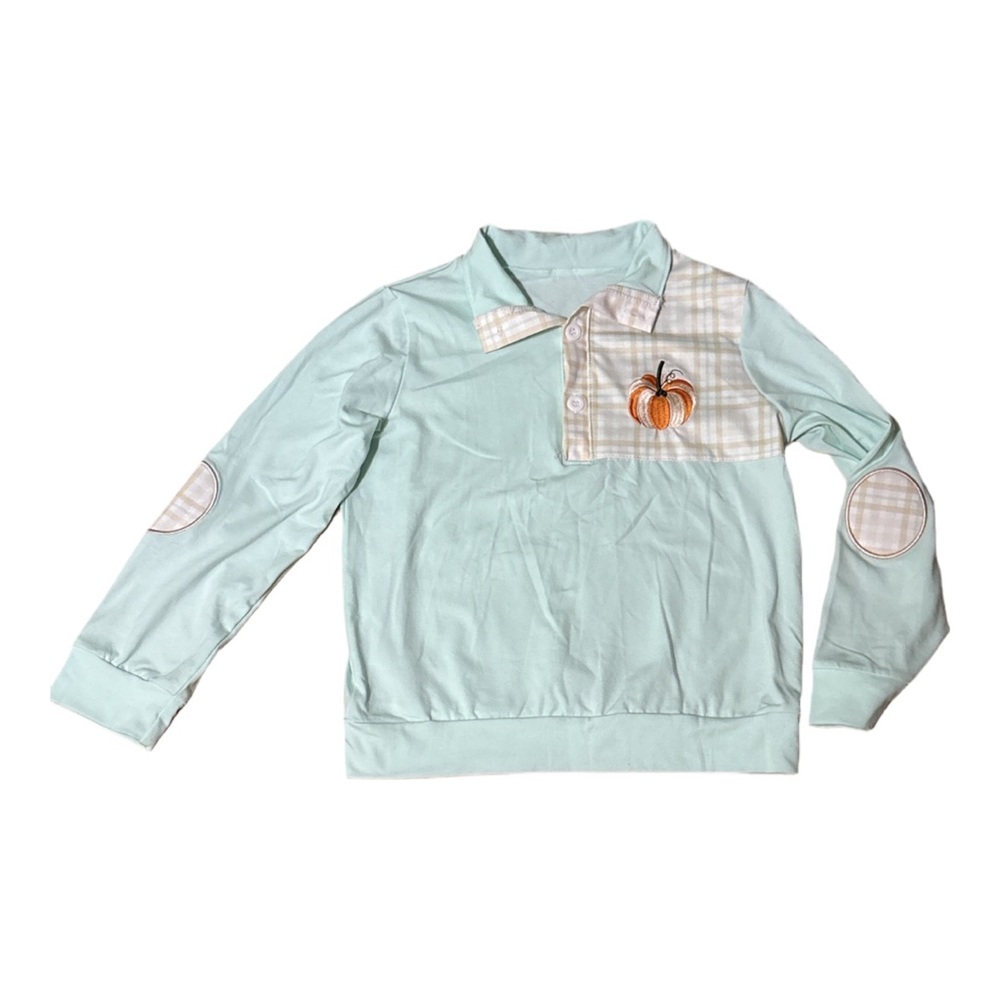 Mint Green Long Sleeve Shirt with embroidered pumpkin & elbow patches
